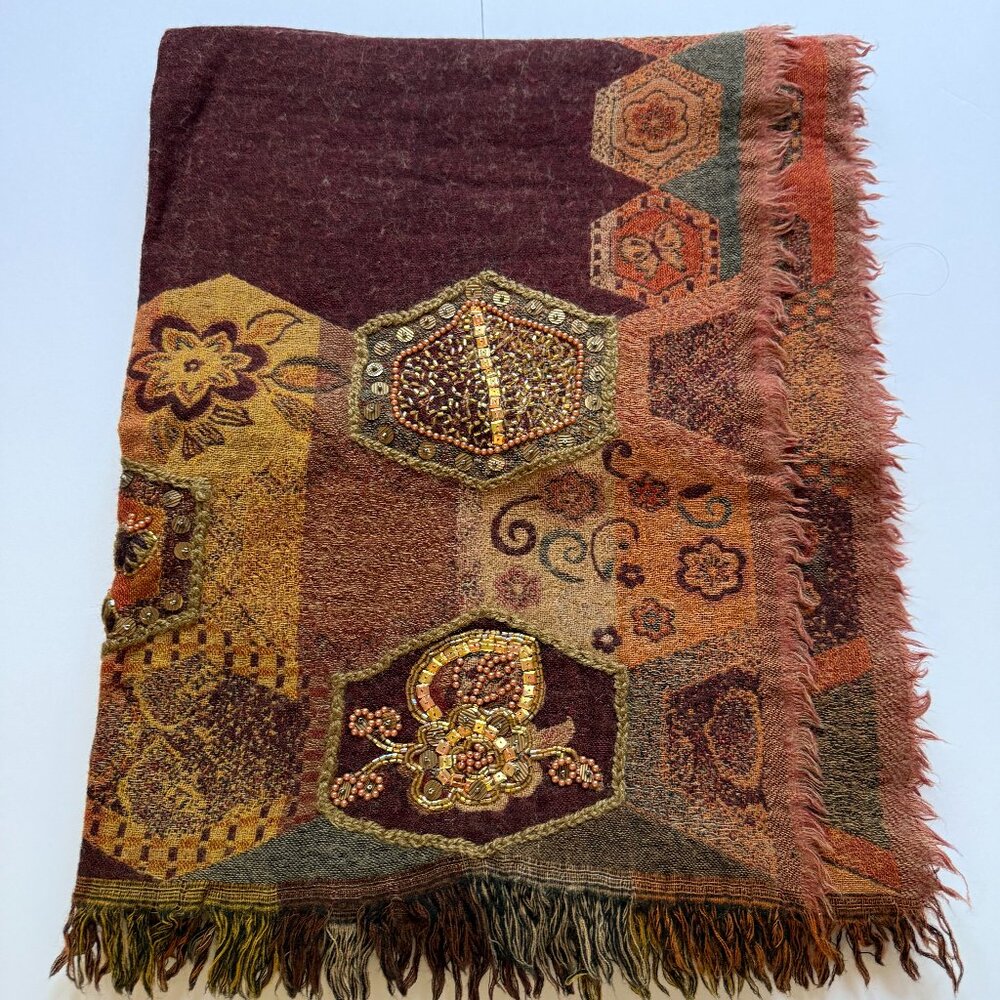 Vintage Global Ethnic Beaded Wool Shawl Burgundy Embroidered Patchwork Fringe